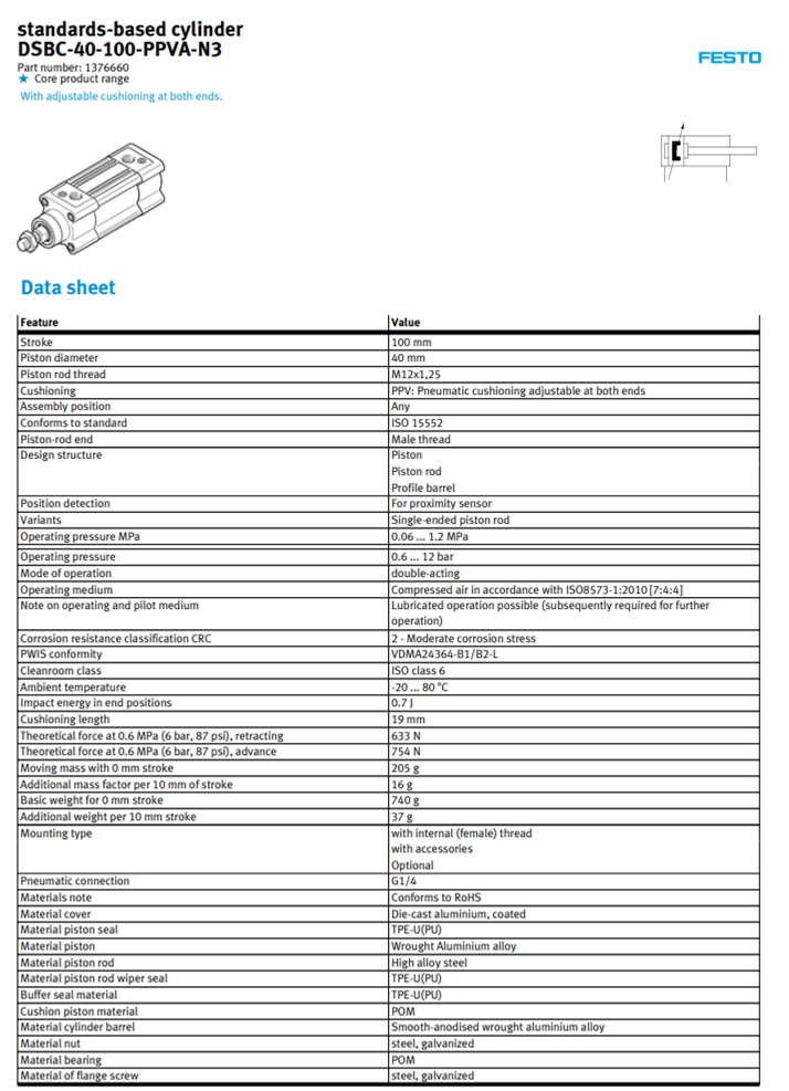 Thông số kỹ thuật Xi lanh khí Festo DSBC-40-100-PPVA-N3