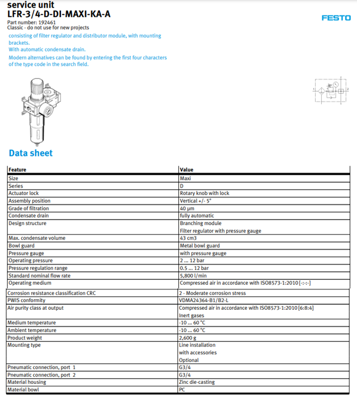 Thông số Bộ lọc khí Festo LFR-3/4-D-MAXI-KA