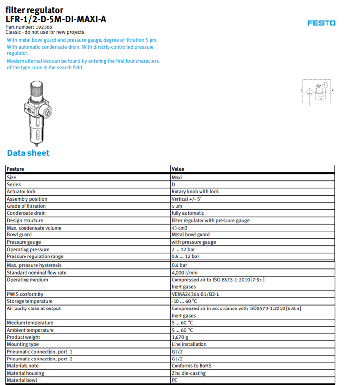Thông số Bộ lọc khí Festo LFRS-1/2-D-5M-DI-MAXI