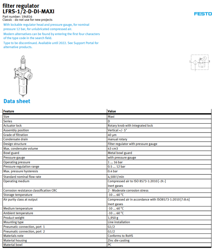 Thông số Bộ lọc khí Festo LFRS-1/2-D-DI-MAXI